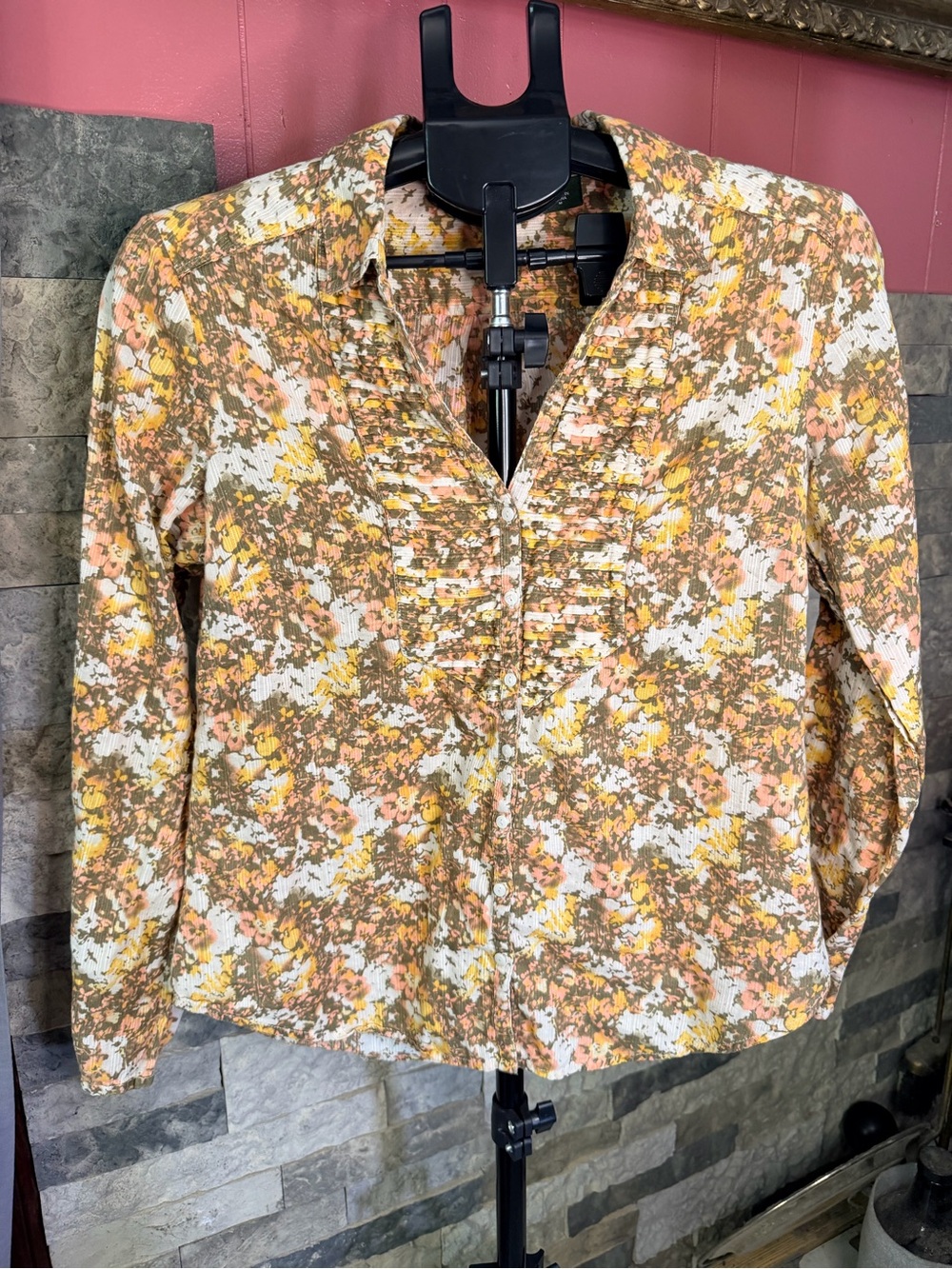 Eddie Bauer Floral Button Down Shirt Pleated Bib Long Sleeve Top Yellow Size M